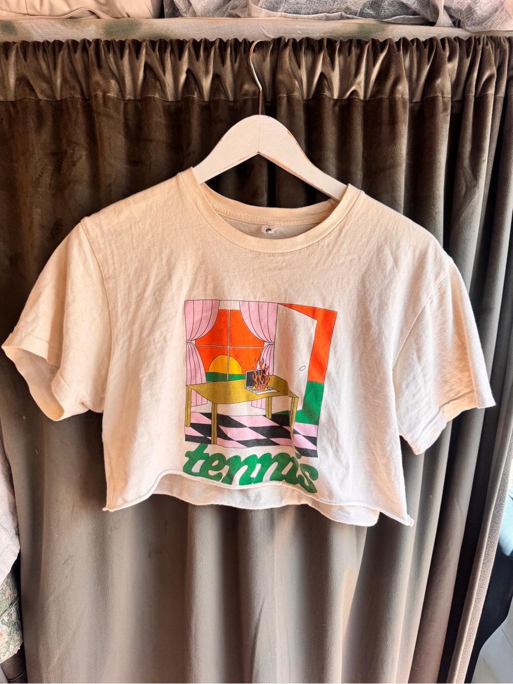 Cream Tennis Cropped Tee with Vibrant Retro Print